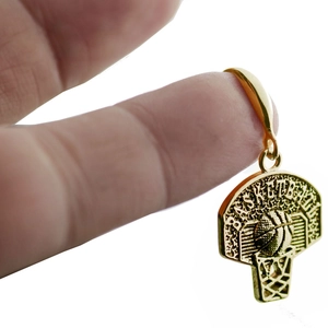Golden basketball hoop earrings with net detail and engraved basketball lettering
