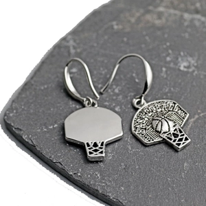 Silver basketball hoop drop earrings for women with detailed sports backboard design