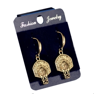 Golden basketball hoop earrings for women with sports theme on a blue display card
