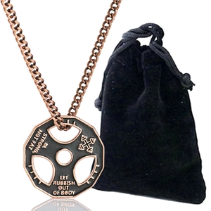 Collier avec pendentif disque d'haltère bronze vintage et sa pochette en velours noir