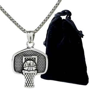 Collier hip hop avec pendentif panier de basket, chaîne argentée et pochette velours