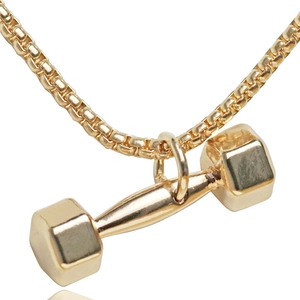 Polished gold dumbbell pendant necklace with box chain for fitness enthusiasts