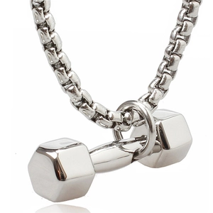 Polished silver dumbbell pendant necklace with heavy box chain for fitness enthusiasts