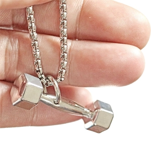 Mens stainless steel necklace with a square barbell pendant and a durable box chain