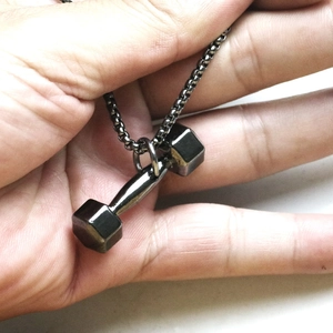 Men's gunmetal dumbbell pendant necklace with stainless steel box chain for fitness fans