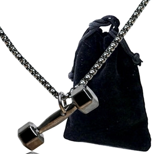 Mens dumbbell pendant necklace in gunmetal stainless steel with box chain and velvet bag