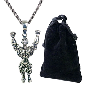 Collier pendentif culturiste en argent vintage avec sa pochette de rangement en velours noir
