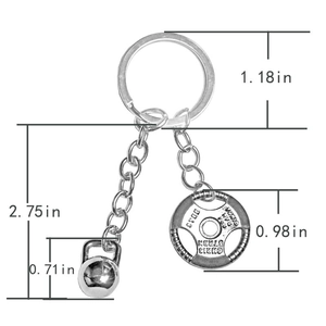Dimensions détaillées pour porte-clés fitness avec kettlebell et disque d'haltère