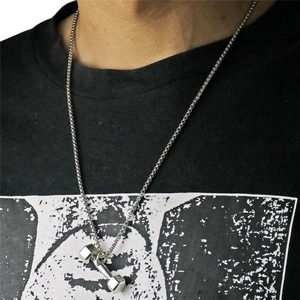 Polished silver dumbbell pendant necklace for men shown on a model for fitness style