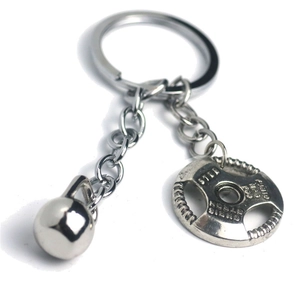 Porte-clés de sport en métal argenté avec pendentifs mini kettlebell et disque de poids