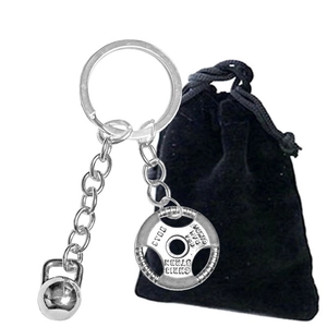 Porte-clés haltère et kettlebell en métal avec pochette de rangement en velours