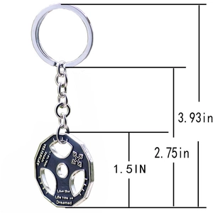 Barbell weight plate keychain dimensions showing 3.93 inch length and black enamel detail