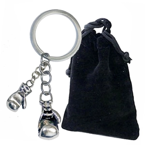Boxing glove keychain in silver metal with black velvet gift pouch and vintage finish