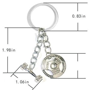 Macro view of dumbbell keychain with 1.98 inch length and detailed barbell weight plate