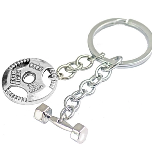 Fitness keychain with metal dumbbell and barbell plate charms in silver finish