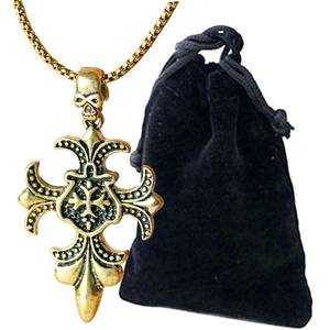 Gothic gold skull cross pendant necklace with square chain and black velvet pouch