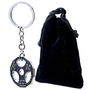 Creative fitness keychain with barbell weight plate pendant and black velvet pouch