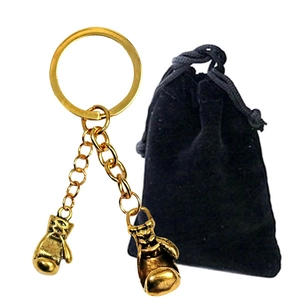 Porte-clés gants de boxe dorés avec deux mini gants et pochette en velours noir