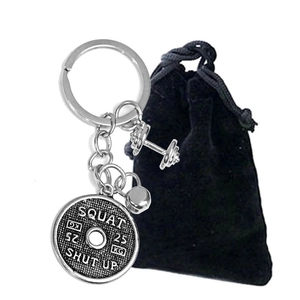 Portachiavi fitness con manubrio e disco pesi inciso Squat Shut Up 25KG e sacchetto