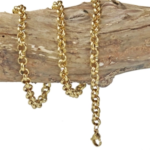 Close-up of gold 18k plated stainless steel rolo chain with a secure lobster clasp