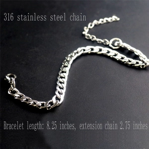 Macro shot of 316L stainless steel flat NK chain with 8.25 inch length and extension