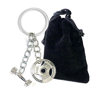 Silver fitness keychain with dumbbell and weight plate pendants and velvet gift bag