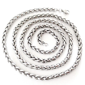 Detail view of the silver wheat chain necklace with a lobster clasp on white background