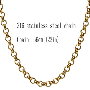 Detail of 22 inch golden 316 stainless steel Rolo chain necklace for men with length info