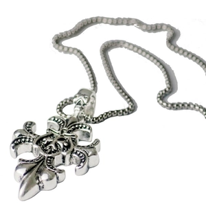 Gothic skull cross pendant necklace in vintage silver finish with a metal ball chain
