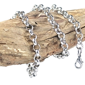Polished stainless steel rolo chain necklace with lobster clasp on natural wood branch