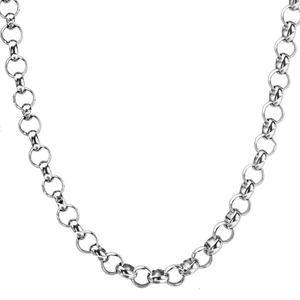 Close-up of polished stainless steel O-chain necklace with glossy silver link texture