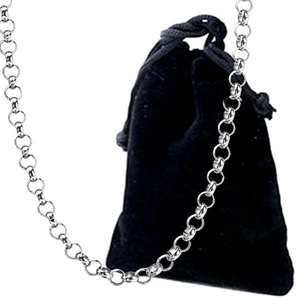 Polished silver stainless steel rolo link chain necklace with black velvet jewelry pouch