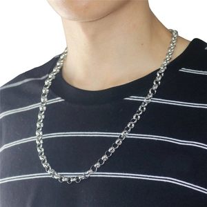 Polished silver stainless steel Rollo chain necklace worn by a model on white background