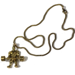 Close-up of gold fitness pendant showing a muscular man lifting weights on a box chain