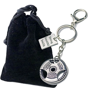 Inspirational barbell weight plate keychain in stainless steel with black velvet pouch