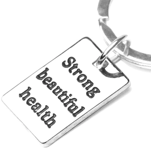 Porte-clés en métal argenté avec gravure de mots motivants Strong Beautiful Health