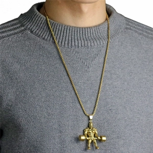 Gold muscular man weightlifting pendant on box chain necklace for fitness lovers