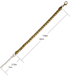 Detail of gold-plated stainless steel box chain with lobster clasp and extension