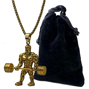 Golden weightlifter muscle man pendant necklace with a black velvet jewelry pouch