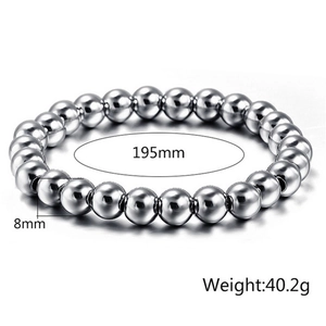 Detail showing 8mm silver steel beads bracelet dimensions of 195mm and 40.2g weight