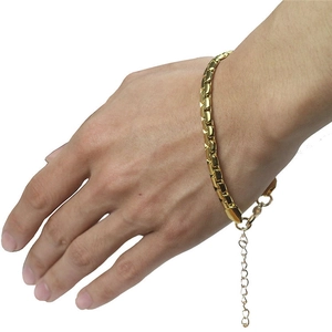Flat square link stainless steel chain bracelet with adjustable gold plated finish
