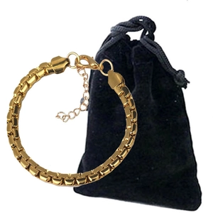 Gold stainless steel box chain bracelet with lobster clasp and black velvet gift pouch