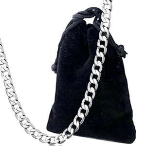 Polished stainless steel curb chain necklace for men with black velvet gift pouch