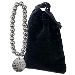 Adjustable 8mm stainless steel bead bracelet with strong-themed charm and velvet pouch