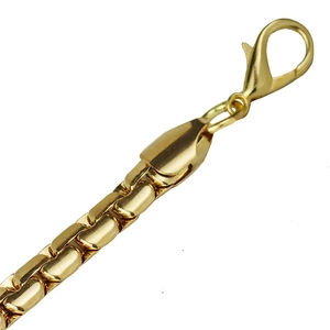Close-up of gold-plated stainless steel square link chain with a lobster clasp