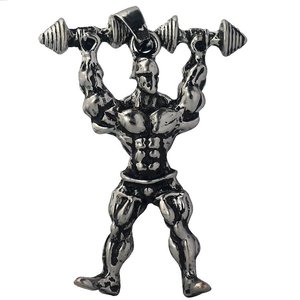 Detailed close-up of a silver dumbbell weightlifting pendant showing muscular textures