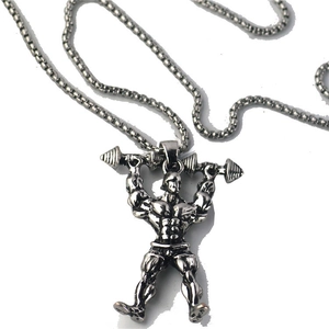 Silver weightlifting man pendant necklace with box chain for men's fitness style