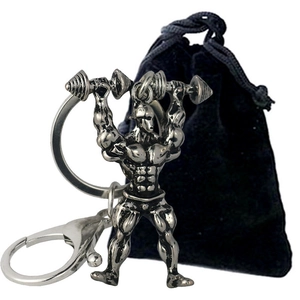 Porte-clés culturiste argenté vintage avec haltère et sa pochette cadeau en velours noir