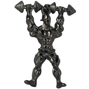 Macro shot of gunmetal finish weightlifting pendant showing detailed muscular texture