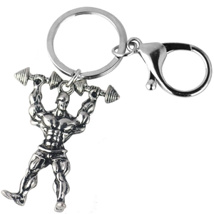 Porte-clés homme musclé soulevant une barre en argent vintage avec fermoir mousqueton